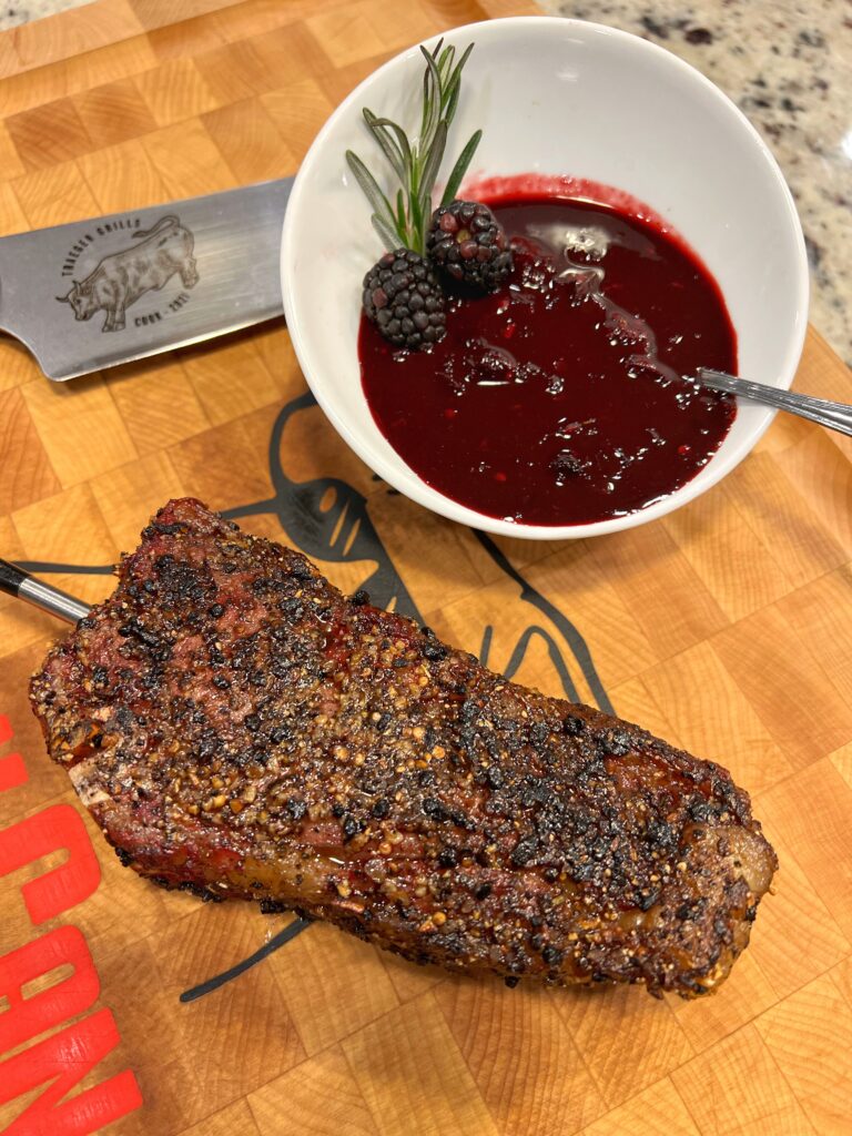 Yak steak with berry balsamic steak sauce