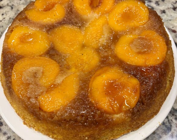 Upside down cake turned out on plate