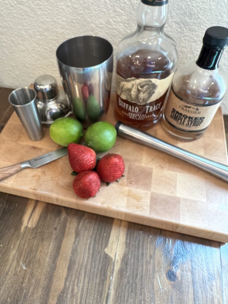 Smoked Strawberry-Lime Whiskey Sour ingredients
