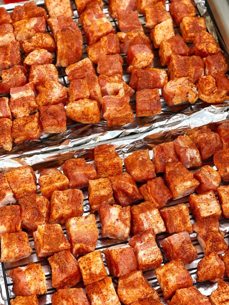 Pork belly burnt ends in the grill