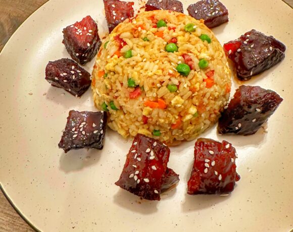 Asian burnt ends with bacon fried rice