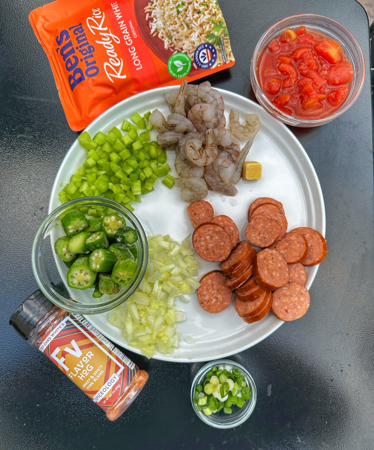 Ingredients for jambalaya on the Flatrock grill.