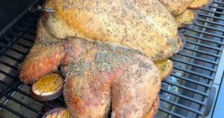 A turkey in a Traeger grill.