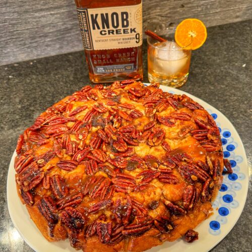 A finished bourbon pecan pull apart bread on a platter.