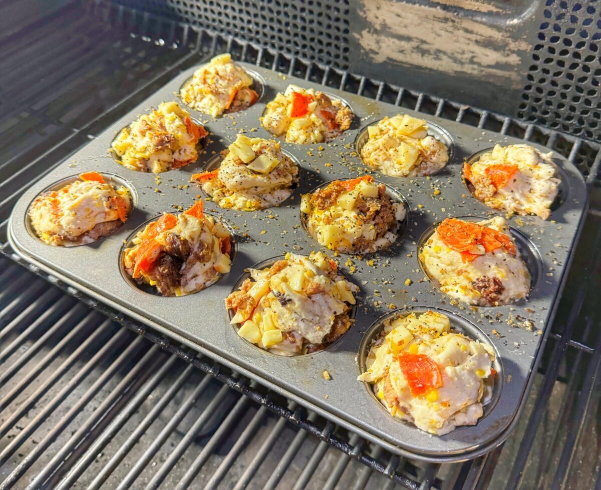 Pull-apart pizza bites baking in the Traeger.