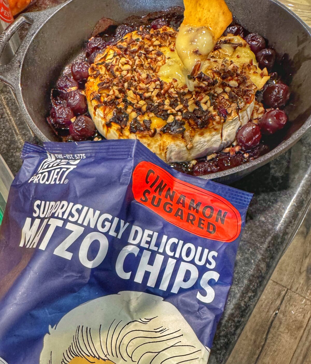 Serving baked brie with cinnamon-sugar matzo chips on the side.