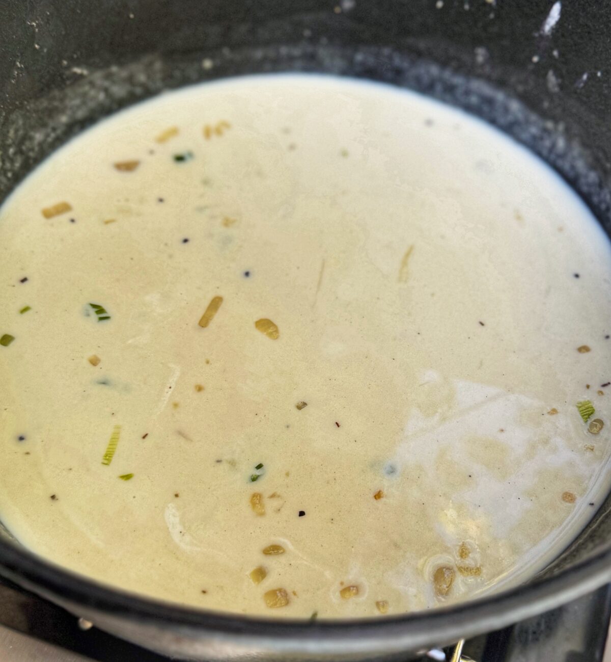 A pot of light-colored soup simmering outdoors.