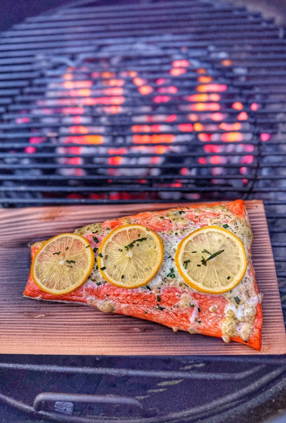 Salmon fillet topped with lemon slices and herbs on a cedar plank inside a charcoal grill over glowing coals.