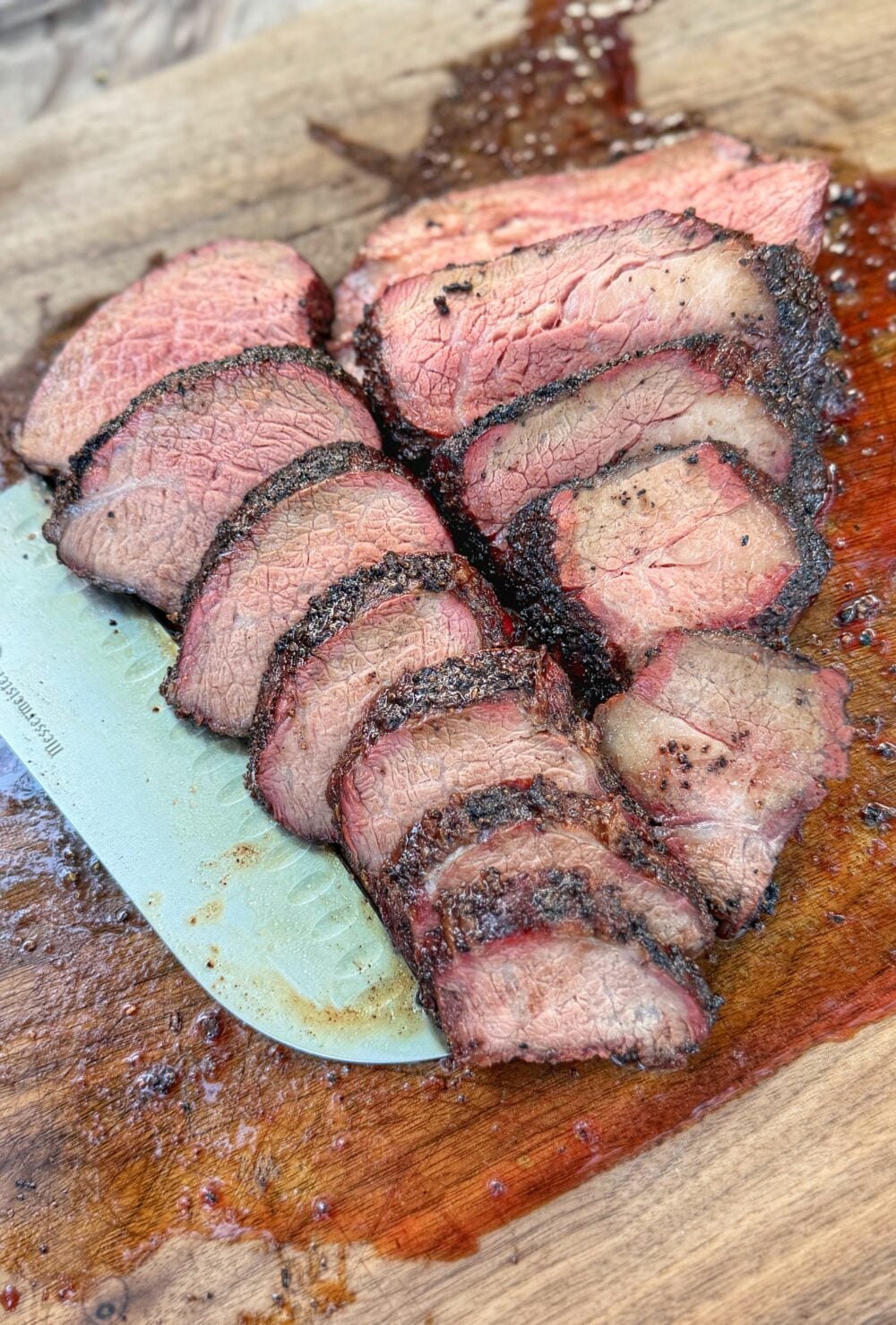 Close-up of sliced tri tip showing the interior of the meat.