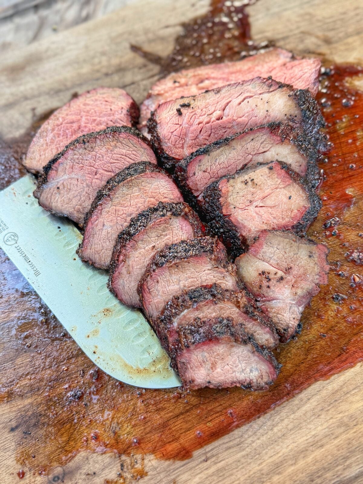Close-up of sliced tri tip showing the interior of the meat.