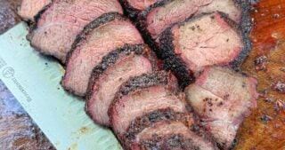 Close-up of sliced tri tip showing the interior of the meat.