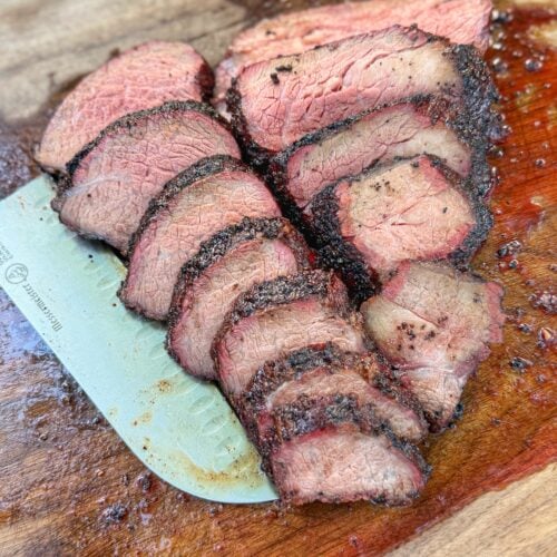 Close-up of sliced tri tip showing the interior of the meat.