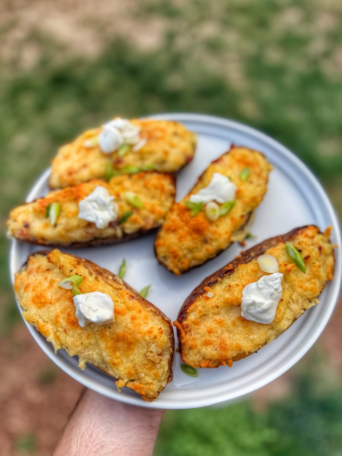 Golden brown twice baked potatoes topped with sour cream and sliced green onions on a gray plate.